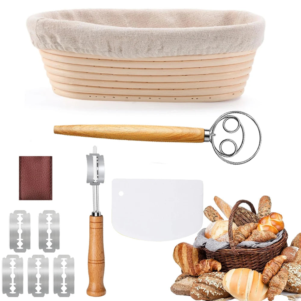 Banneton Bread Proofing Basket Set — 10" Oval with Bread Lame & Dough Whisk