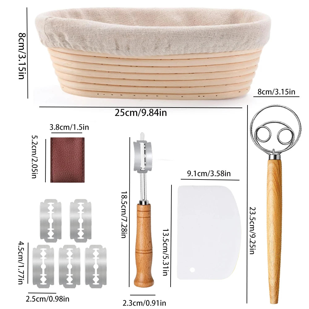 Banneton Bread Proofing Basket Set — 10" Oval with Bread Lame & Dough Whisk