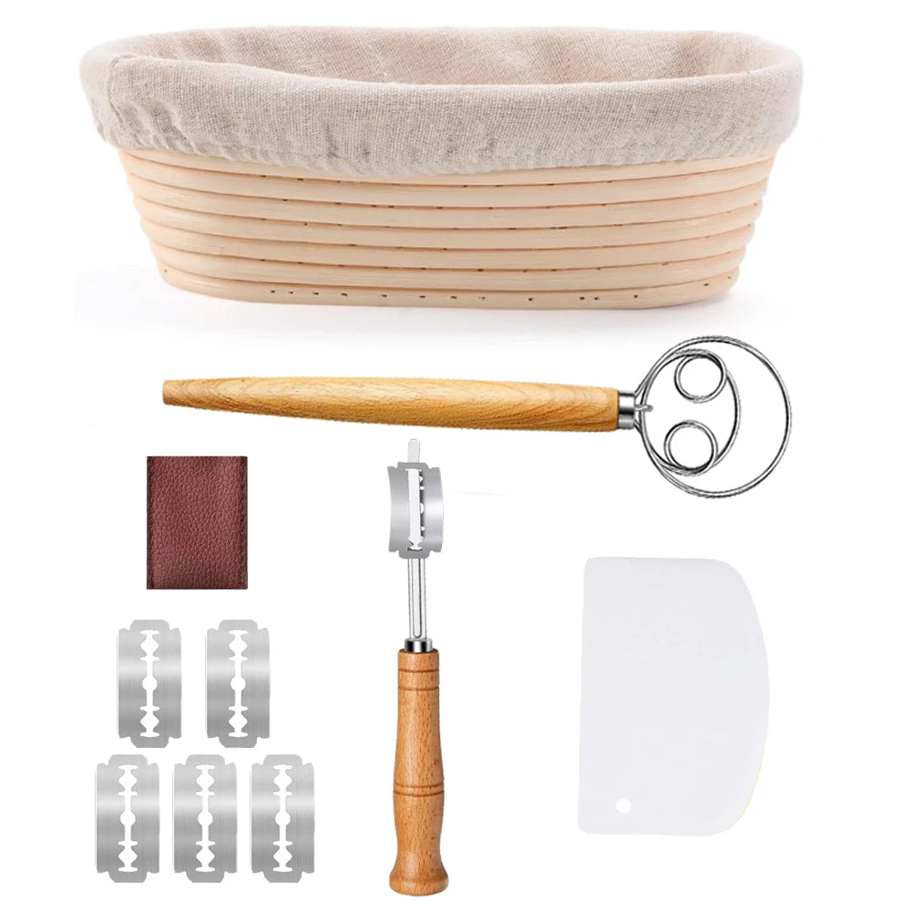 Banneton Bread Proofing Basket Set — 10" Oval with Bread Lame & Dough Whisk